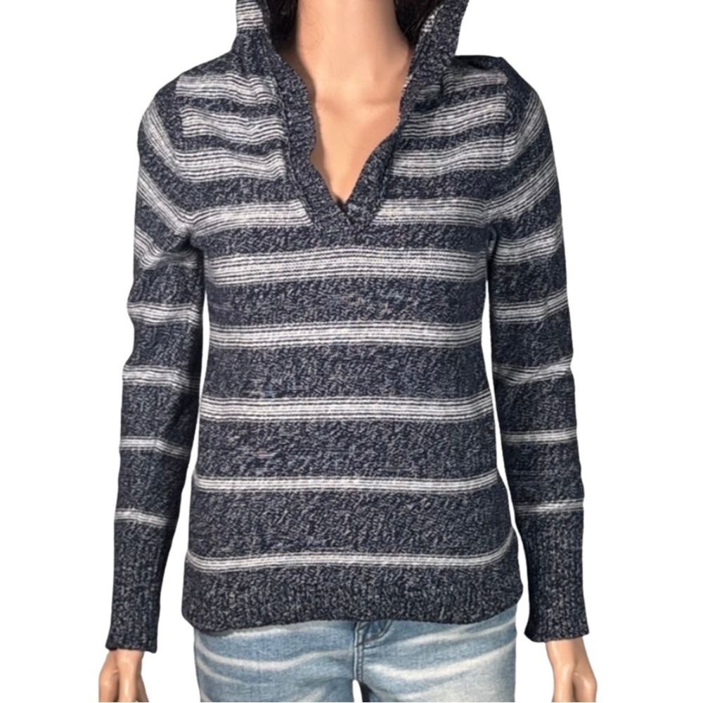 Eddie Bauer Womens XS Navy White Striped Marled Knit Hooded Sweater Pullover